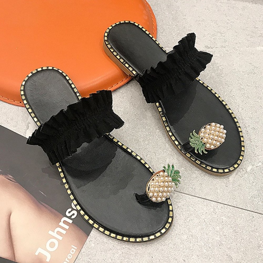 Pineapple Pearl Flat Slide Toe-Ring Sandal in Black - Picture 3 of 5